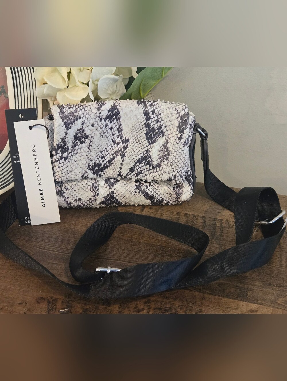 Aimee Kestenberg leather broadway mini crossbody purse vanilla snake print NWT